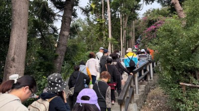 許多民眾一早來到鯉魚山步道參加集章活動